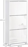 HOMCOM Cipőtároló Szekrény 3 Lehajtható Ajtóval, 3 Rekesszel, Fa 60L x 26W x 124H cm Fényes Fehér | Aosom