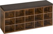 Cipőtartó pad, tárolós pad párnázott ülőfelülettel 30 × 105 × 48 cm, rusztikus barna színben
