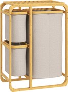 HOMCOM Helytakarékos Mosoda Kosár, Elegáns Kosár 3 Kivehető Textil Táskával és Polccal, Bambusz, 50x32x69.7 cm, Bambusz és Krém Szín | Aosom