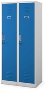 Pléh öltözőszekrény talpazaton, kétmodulos, polccal és köztes fallal KACPER, 800 x 1800 x 500 mm, szürke-kék