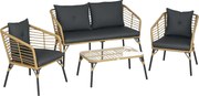 Outsunny 4 db-os Kerti Bútor Szett, Rattan Ülőgarnitúra Párnákkal, 3 Fotel és 1 Kávézóasztal, Balkoni Bútor Boho Stílusban 4 Személynek, Homok+Sötétsz