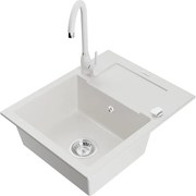 Mexen Enzo egytálcás gránit mosogató csepegtetővel és Telma konyhai csapteleppel, fehér - 6506-20-670200-20