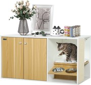 PawHut Macska Alomtálca Bútor 3 az 1-ben Fészek Éjjeliszekrény Macska Alomtálca Ajtókkal, Párnával, Tálakkal, Kaparó Máttal és Rekesszel Nappaliba, Há