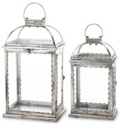 Óezüst fém üvegezett szögletes kerti lámpás lantern 2db-os szett 55x27x20 / 44x22x15cm