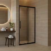 Stuxi Sydney Black 110 cm széles toló zuhanyajtó 6 mm vastag vízlepergető biztonsági üveggel, fekete elemekkel, 200 cm magas