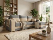 Kihúzható kétoldalas L-alakú ülőgarnitúra VALERIO 238x140 cm, világosszürke/bézs + 2 párna INGYEN.