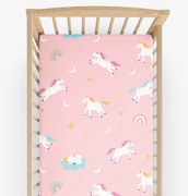 Goldea gyermek körgumis pamut lepedő kiságyba - vidám egyszarvúak 60 x 120 cm