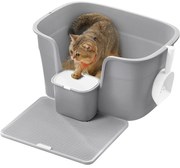 Extra nagy macskaalomdoboz magas oldalfallal, alomfogó ráccsal, szürke színben