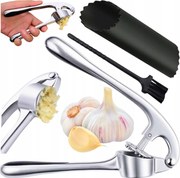 Fokhagymanyomó ezüst színű rozsdamentes acélból, fokhagymatisztítóval, szett Montessa