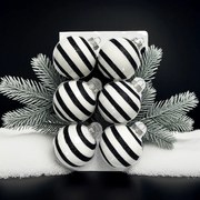 Black Glitter Stripe kézzel festett fehér-fekete üveg karácsonyi gömb szett 6*7cm