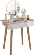 HOMCOM Sminkasztal Kör alakú Tükörrel Ф39cm, Smink Konzol Fiókkal Dzungel Dekorációval, Fehér és Tölgy, 70x39x119-128cm | Aosom