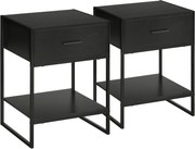 HOMCOM 2 db Modern Éjjeliszekrény, Hálószoba és Nappali Éjjeliszekrények, Fiókkal és Nyitott Polccal, Modern Dizájn, MDF és Acél, 45x40x60cm, Fekete |