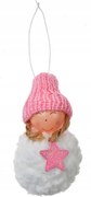 Fehér karácsonyi kerub dekoráció rózsaszín hógömbbel 5x9 cm