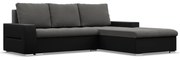 Toronto sarokkanapé, 2 ágyneműtartóval, bársony + műbőr, jobboldali, szürke - fekete
