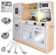 Fából készült játékkonyha, hang- és fényeffektekkel, izgalmas kiegészítőkkel, 80x80x24cm méretben, világosbarna-fehér