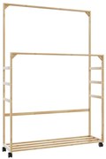 bambusz ruhaállvány polcokkal és kerekekkel 90x35x155 cm