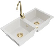 Mexen Mario 2 rekeszes gránit mosogató Telma konyhai csappal, fehér - 6504-20-670200-50