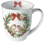 Karácsonyi porcelán bögre 400 ml Sparrows in wreath