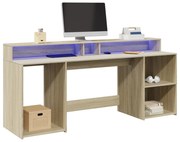 sonoma tölgy színű szerelt fa íróasztal LED-ekkel 200x55x91 cm