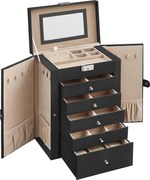 Ékszerdoboz tükörrel és csattal 6 szintes, fekete