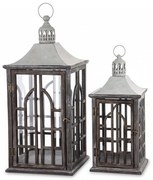 Klasszikus nagy méretű szürke fa lantern szett fehér fém tetővel 78x31x31/60x23x23cm