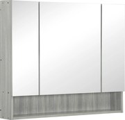 Kleankin Tükrös Szekrény 4 Rekesszel és Állítható Polcokkal, Fürdőszobai Tükör Fa és Üveg Anyagból, 90x15x75 cm, Szürke | Aosom
