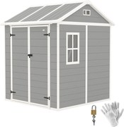 Outsunny Kerti Szerszámtároló, Időjárásálló Fa Hatású Felülettel, 2.91m² Kerti Sátor, Dupla Ajtókkal és Zárral, Dőlt Tetővel, 181x181x220cm, Szürke |