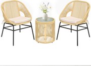 Outsunny 3 részes rattan bistro szett – 2 párnázott fotel és edzett üvegasztal, ergonomikus balkon/terasz bútor, bézs | Aosom