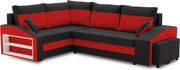 Grande sarokkanapé polcokkal és puffokkal , polc a bal karfaban puffok a jobb karfaban, baloldali, szövet anyag, bonell töltet, fekete - piros