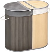 HOMCOM Bambusz Mosodakosár 100L Kapacitással, Fedéllel és Levehető Kétrekeszes Táskával 62.5x37x60.5 cm Szürke és Természetes | Aosom
