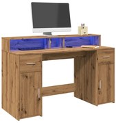 kézműves tölgy színű szerelt fa LED-es íróasztal 140x55x91 cm