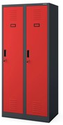 Pléh öltözőszekrény talpazaton, kétmodulos, polccal és köztes fallal KACPER, 800 x 1800 x 500 mm, antracit-piros