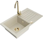 Mexen Pablo egymedencés gránit mosogató csepegtetővel és Telma konyhai csapteleppel, bézs - 6510-69-670200-50