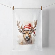 Karácsonyi rénszarvas pamut konyharuha 50x70 cm Deer with Santa hat