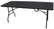 Összecsukahtó kempingasztal fekete színben 180x74 cm., fogantyúval a könnyű hordozhatóság érdekében