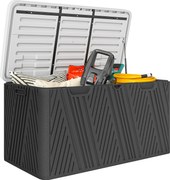 Outsunny 380L Kültéri Tárolódoboz Gázrugós Fedéllel és 2 Oldalfogantyúval, Vízálló HDPE Kültéri Tároló Pad, UV Védelem, 115x60x60 cm, Fekete és Szürke
