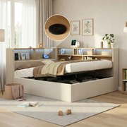 Összecsukható kanapé, kárpitozott ágy, hidraulikus Led Usb 140x190 polc Bézs