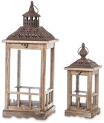 Barna vintage üvegezett fa 2db-os mécsestartó karácsonyi lámpás lantern szett fém tetővel 60x23x23 / 40x15x15cm