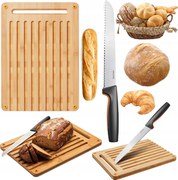 Konyhai Szett Fiskars Kenyérvágó Kés Bambusz Vágódeszka Szilárd
