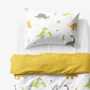 Goldea gyermek pamut ágyneműhuzat duo - dinoszauruszos kalandok, mézsárga hátoldal 140 x 200 és 70 x 90 cm
