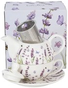 Levendulás porcelán egyszemélyes teáskészlet szűrővel díszdobozban