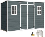Outsunny kerti tároló 3,2 m² (34,5 ft²), 303×123×197 cm (9'11" x 4'0" x 6'6") — műanyag tároló ablakokkal, dupla ajtóval, zárható szellőzővel, fa hatá