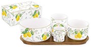 Mediterrán porcelán citrom mintás kínálótál 4 db-os szett bambusztálcán Fleurs et Citrons