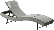 Outsunny S-alakú PE rattan napozóágy — 5 pozíciós állítható háttámla fejtámlával, légáteresztő UV-álló háló, időjárásálló kültéri rattan — világosszür