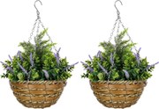 Outsunny 2 db Műlevendula Növény Cserép és Kampóval, PE és Fonott Műnövények, Ø25x34 cm, Zöld és Lila | Aosom