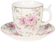 Pillangós-virágos porcelán csésze+alj szett aranyszegéllyel, fehér, 160ml