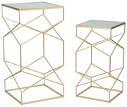 Arany színű négyzetes kisasztal szett geometrikus vázzal és üveglappal – 2 db