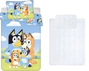 Bluey Happy Family gyerek, ovis ágyneműhuzat és paplan/párna szett 100x135 cm 40x60 cm