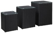 3 db fekete polyrattan kisasztal üveg asztallappal