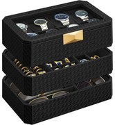8 nyílásos óradoboz, 3 szinten egymásra rakható óratok, pu bőr, fekete